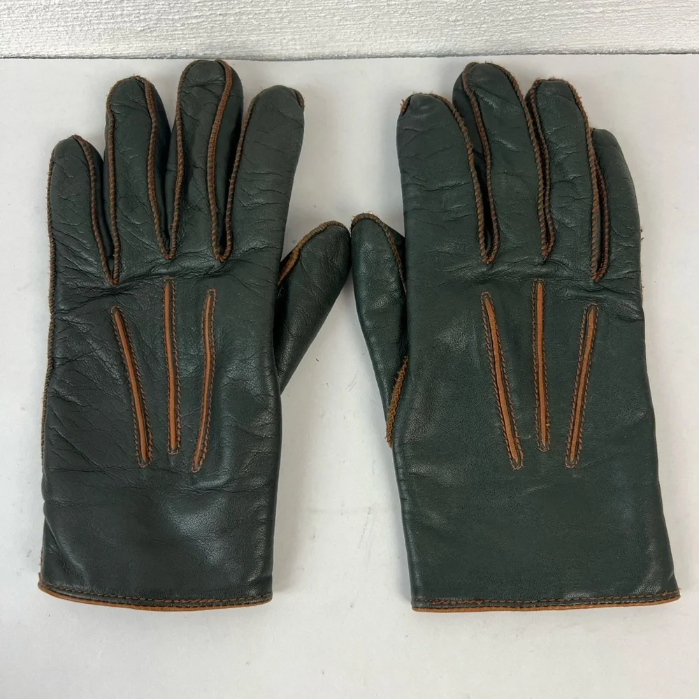 LRL Lauren Ralph Lauren Green Tan Leather Gloves, Medium